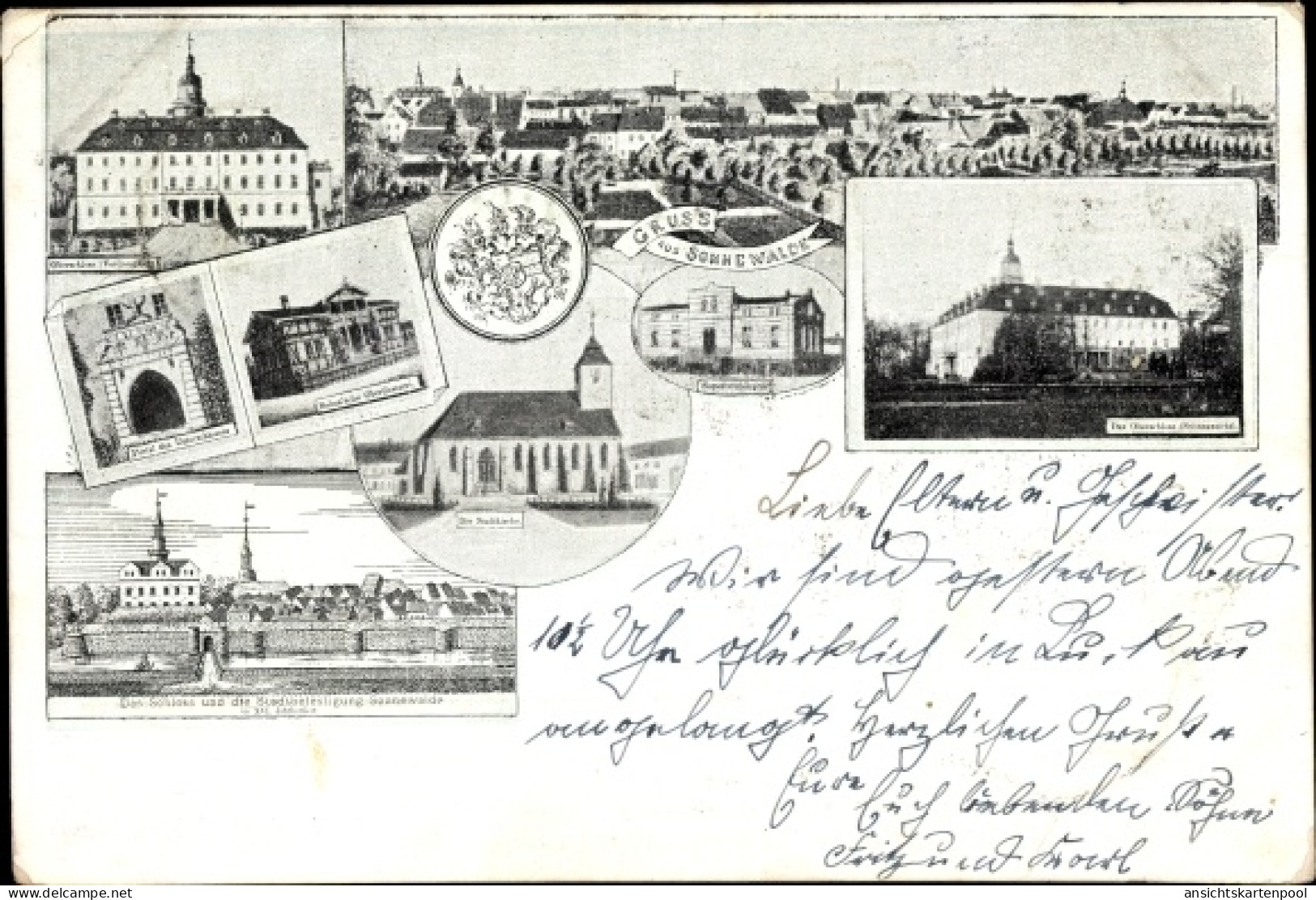 CPA Sonnewalde Brandenburg, Oberschloss, Unterschloss, Oberförsterei, Stadtkirche, Superintendentur