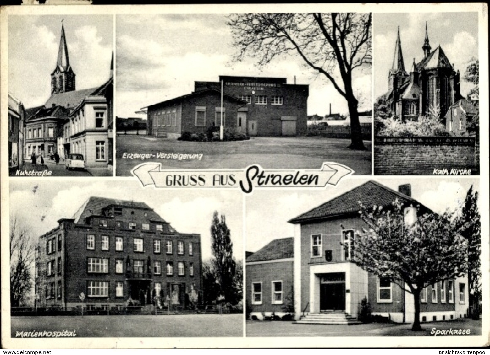 CPA Straelen Niederrhein, Kuhstraße, Erzeuger Versteigerung, Kath. Kirche, Marienhospital, Sparkasse