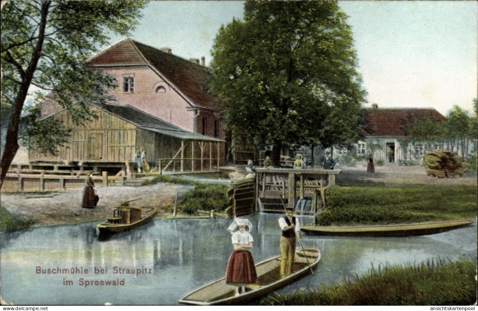 CPA Straupitz im Spreewald, Buschmühle, Spreewaldkahn, Mädchen in Tracht