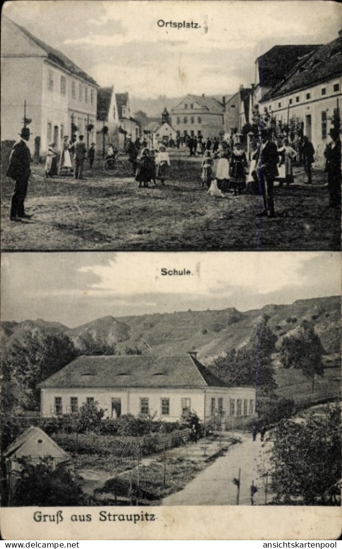CPA Stroupeč Straupitz Region Aussig, Ortsplatz, Schule