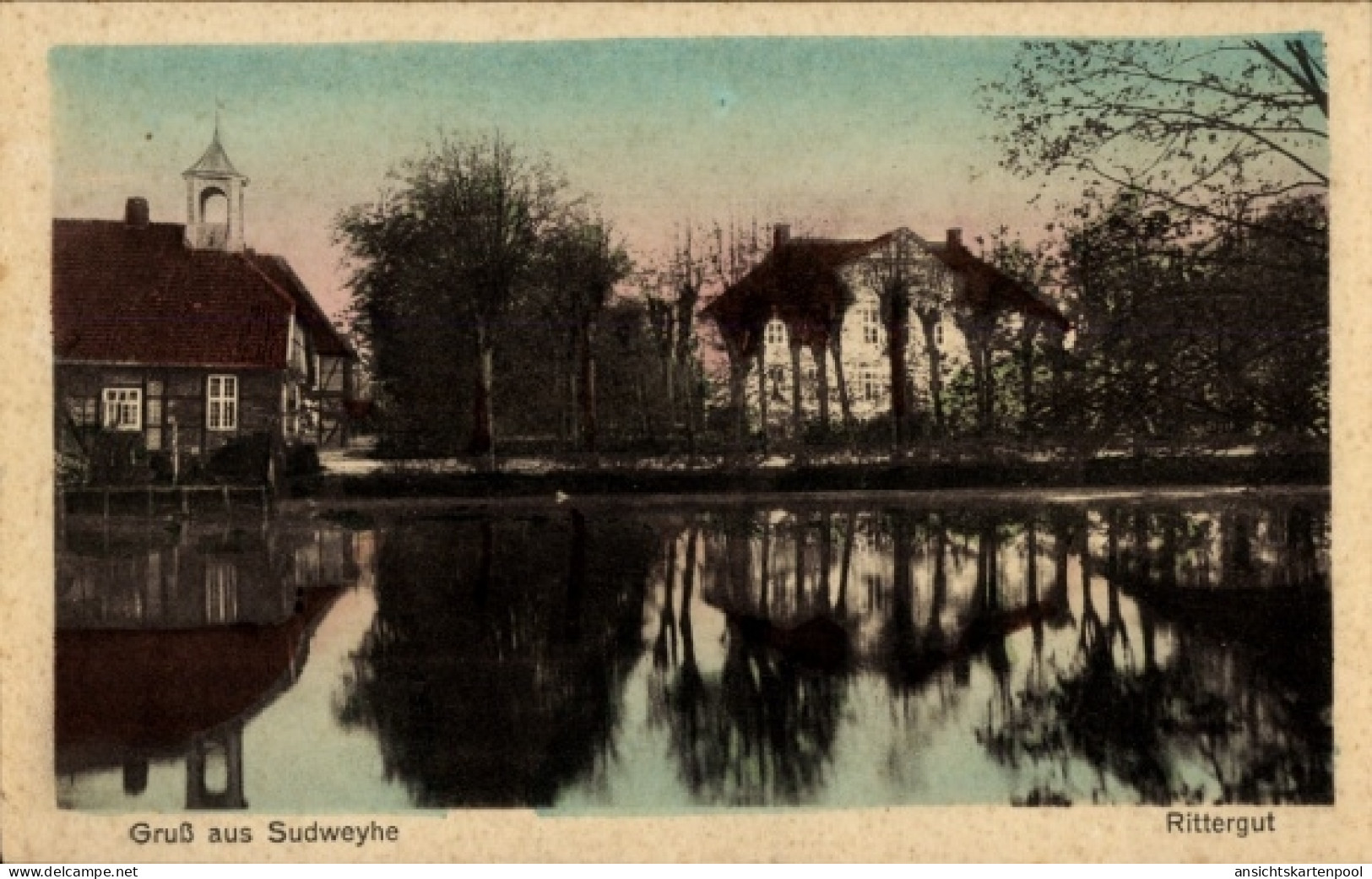 CPA Sudweyhe Weyhe Niedersachsen, Gruß aus Rittergut, Wasserreflexion, Bäume, Gebäude