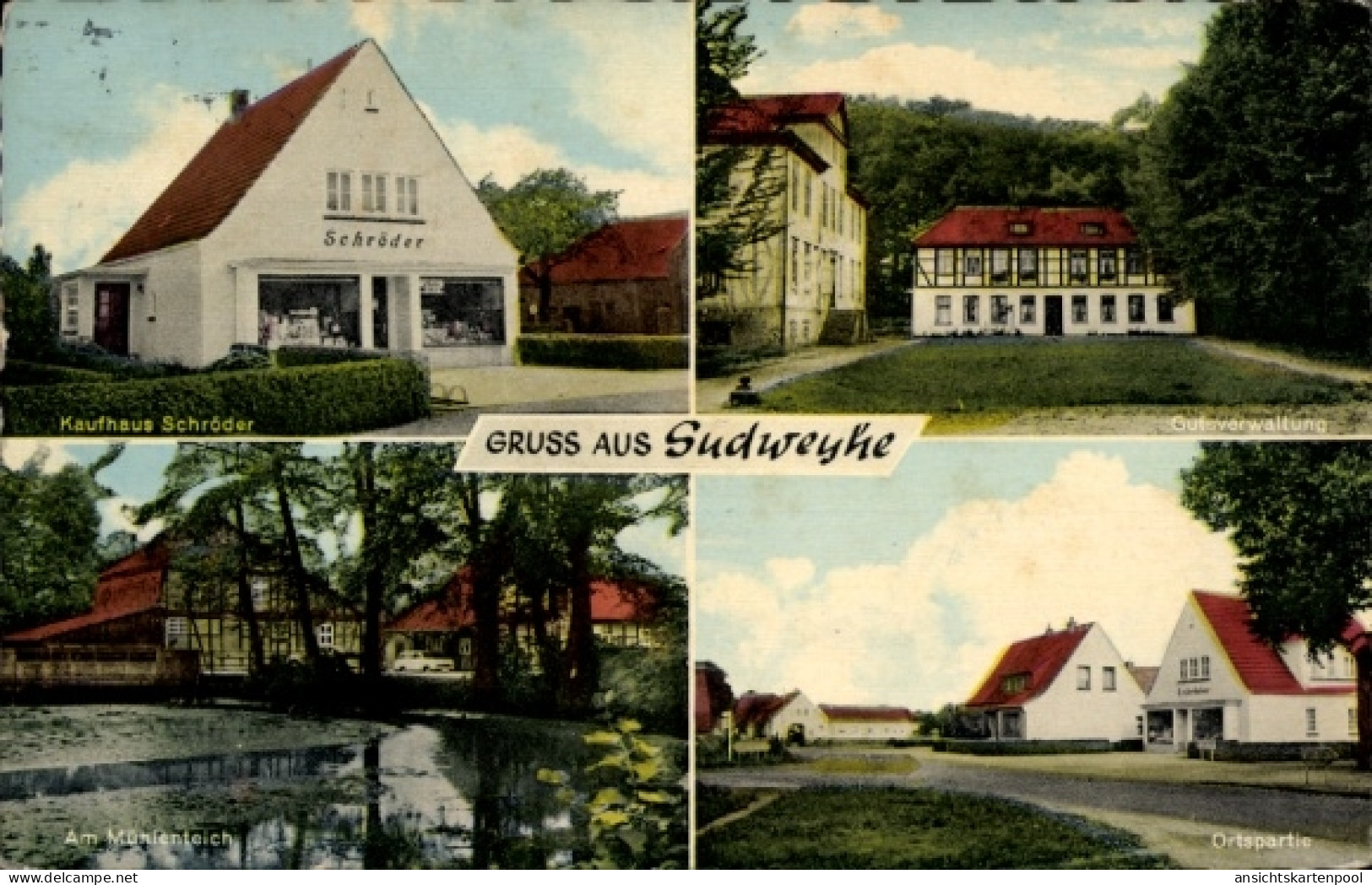 CPA Sudweyhe Weyhe Niedersachsen, Kaufhaus Schröder, Am Mühlenteich, Gutsverwaltung, Ortspartie