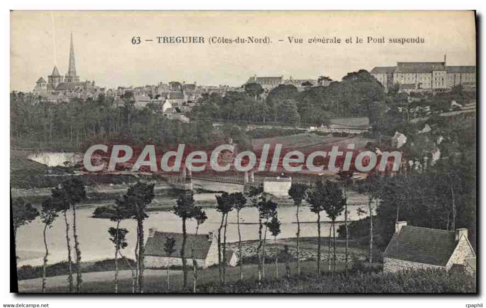 CPA TREGUIER vue générale Pont suspendu