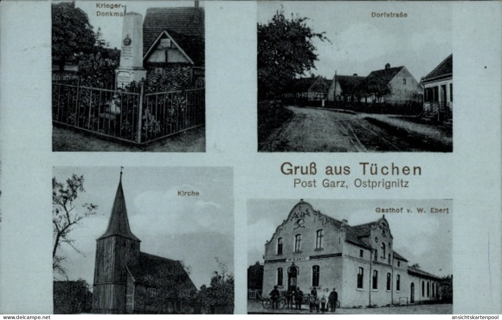 CPA Tüchen Groß Pankow in der Prignitz, Kriegerdenkmal, Kirche, Gasthof W. Ebert, Dorfstraße