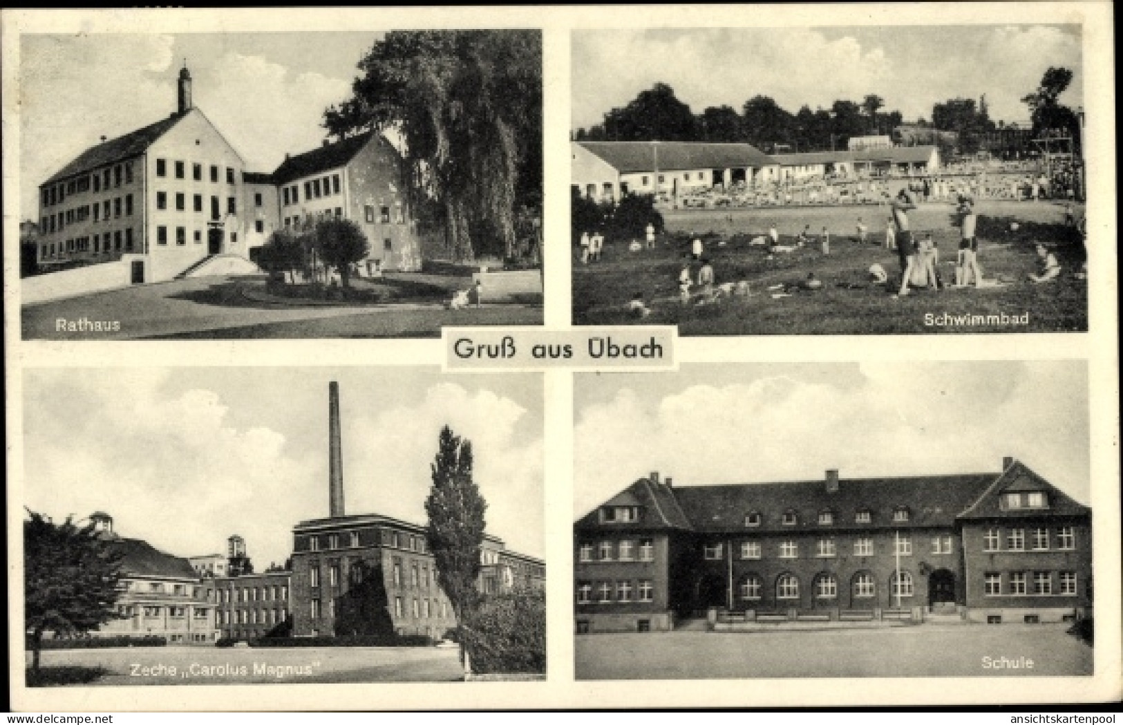 CPA Übach Palenberg Nordrhein Westfalen, Zeche Carolus Magnus, Rathaus, Schwimmbad, Schule