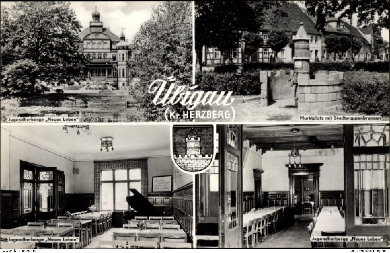 CPA Uebigau Wahrenbrück Brandenburg, Jugendherberge Neues Leben, Stadtwappenbrunnen, Marktplatz