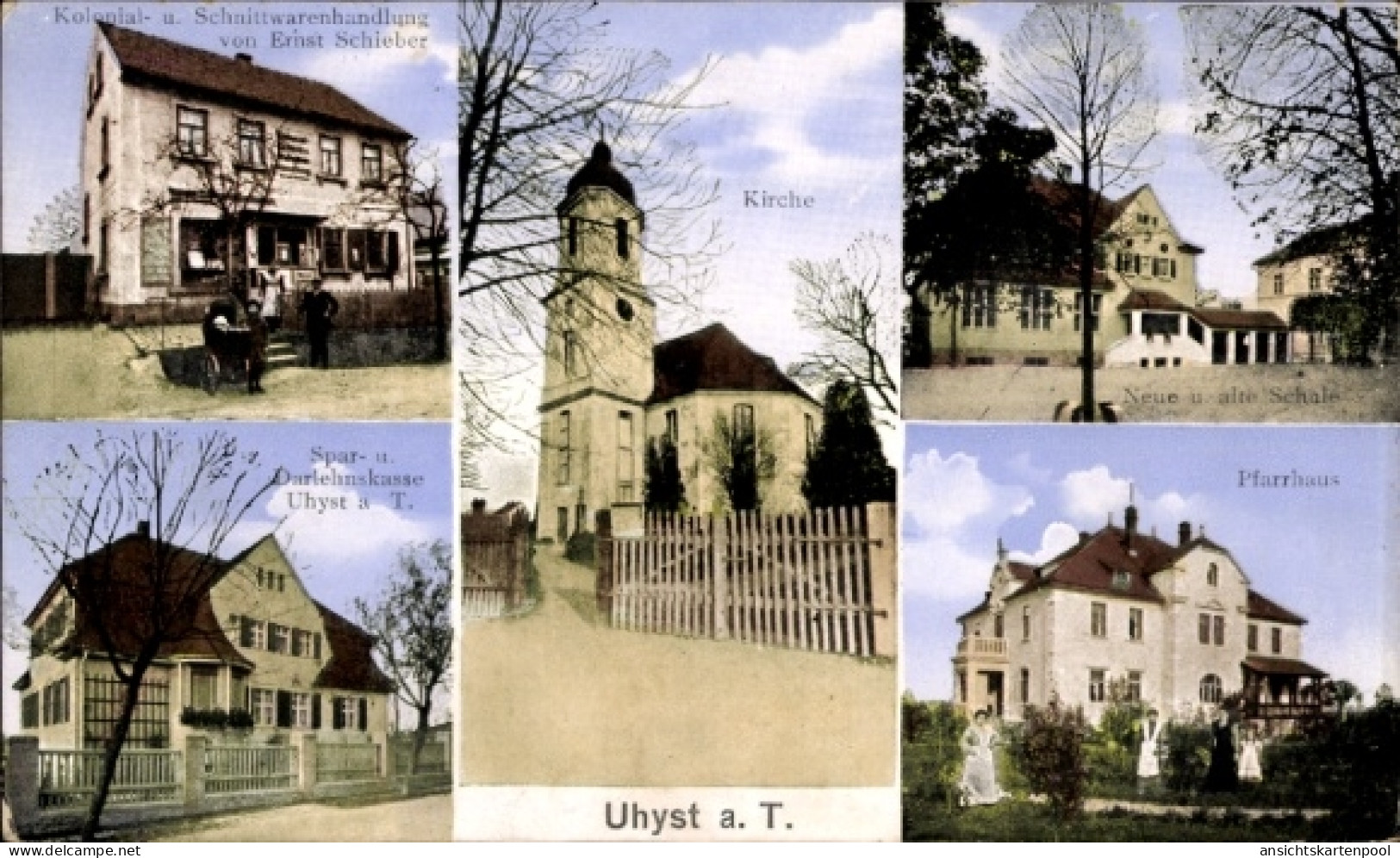 CPA Uhyst am Taucher Burkau in Sachsen, Kirche, Pfarrhaus, Schnittwaren-Geschäft, Sparkasse