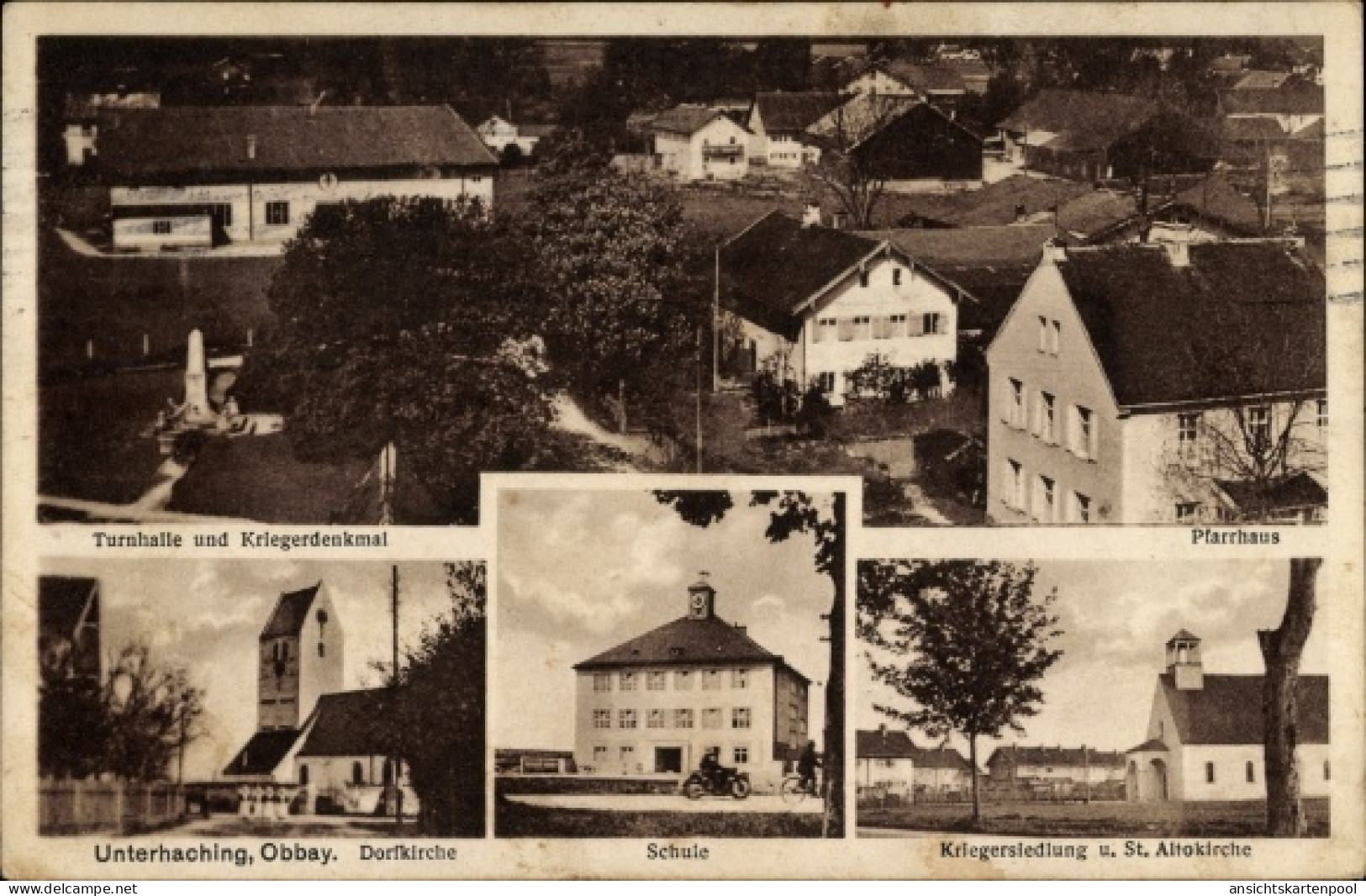 CPA Unterhaching in Oberbayern, Dorfkirche, Turnhalle, Schule, Kriegersiedlung, St. Altokirche