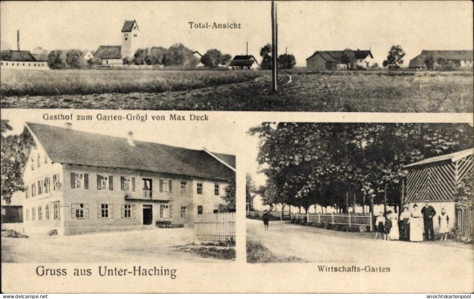 CPA Unterhaching in Oberbayern, Gasthof zum Garten Grögl, Inh. Max Deck, Wirtschaftsgarten, Totale