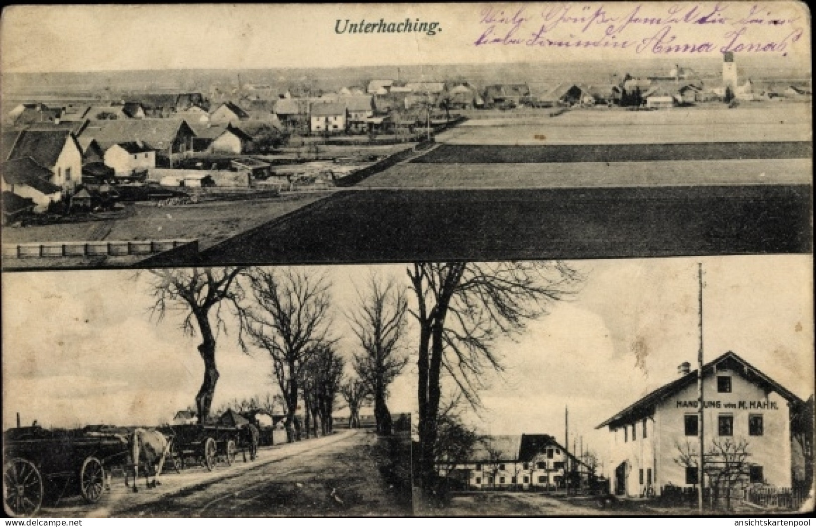 CPA Unterhaching in Oberbayern, Handlung von M. Hahn, Blick auf Ortschaft und Umgebung