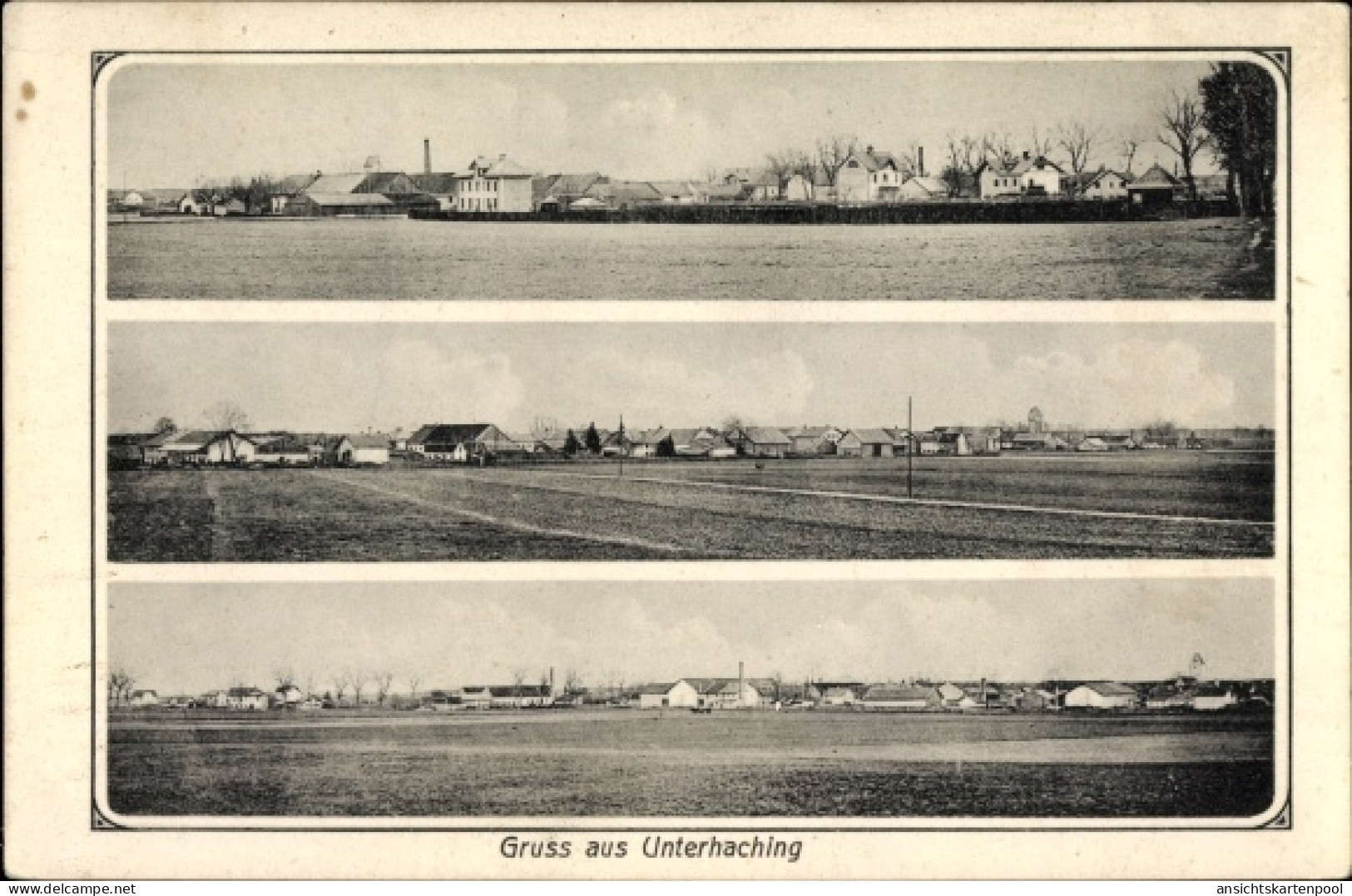 CPA Unterhaching in Oberbayern, Panoramaansicht der Ortschaft, Felder, Häuser, Zieher