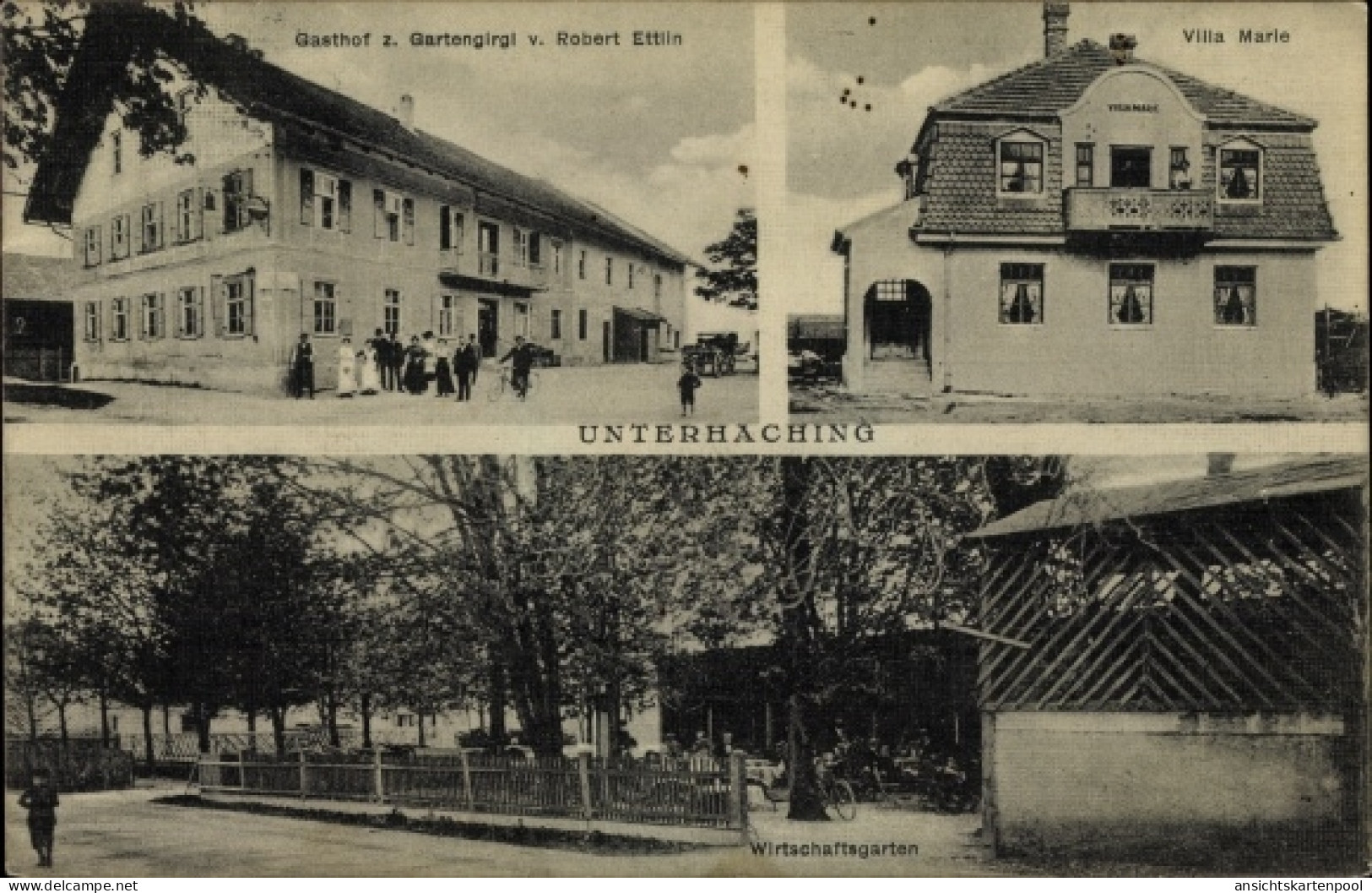 CPA Unterhaching in Oberbayern, Villa Marie, Gasthof zum Gartengirgl, R. Ettlin, Wirtschaftsgarten