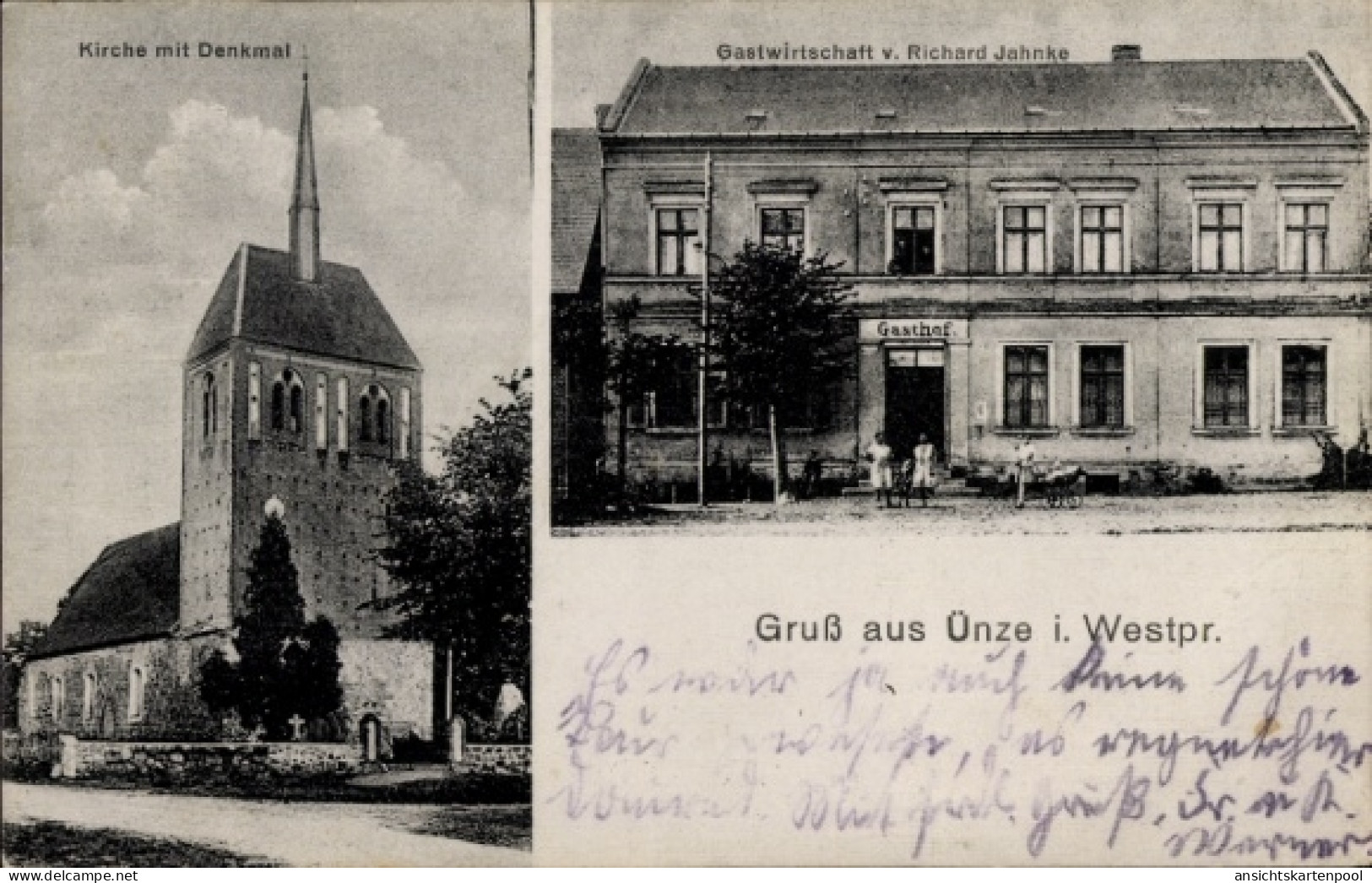 CPA Ünze Uenze Plattenburg in der Prignitz, Kirche, Denkmal, Gastwirtschaft Richard Jahnke
