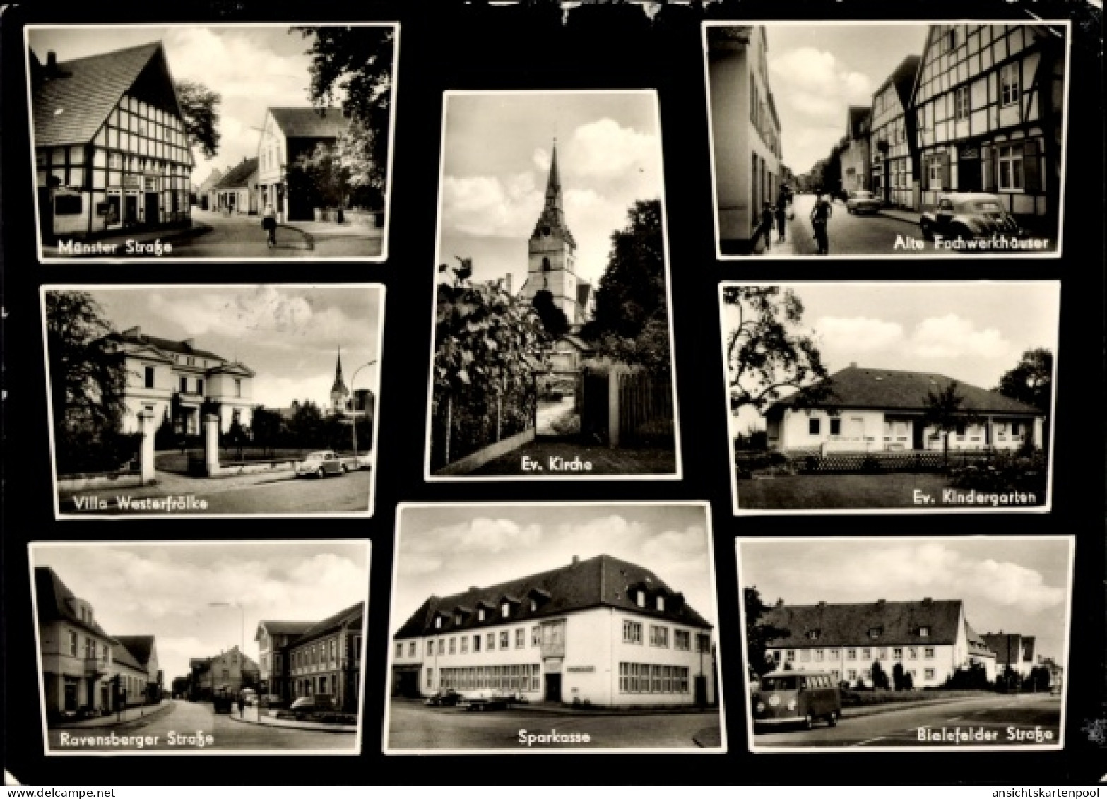 CPA Versmold in Westfalen, evangelische Kirche, Kindergarten, Sparkasse, Fachwerkhäuser, Münster Str