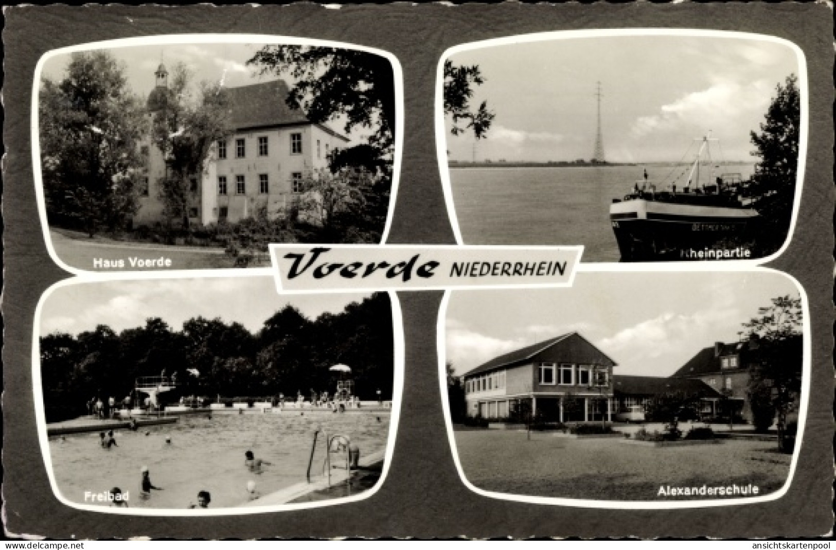CPA Voerde am Niederrhein, Haus Voerde, Rheinpartie, Freibad, Alexanderschule