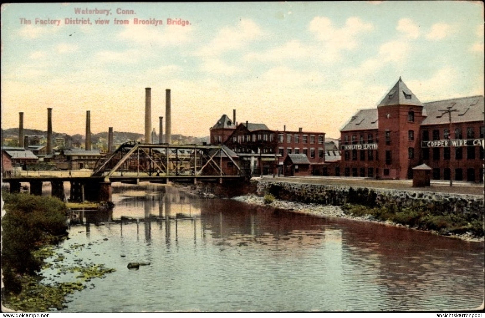 CPA Waterbury Connecticut USA, Blick auf den Fabrik District von der Brookly Bridge