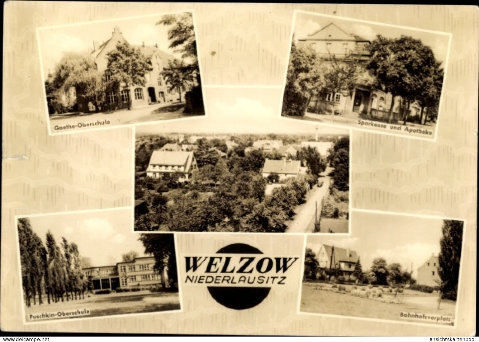 CPA Welzow Niederlausitz, Goethe-Oberschule, Puschkin-Oberschule, Sparkasse, Bahnhof, Niederschles