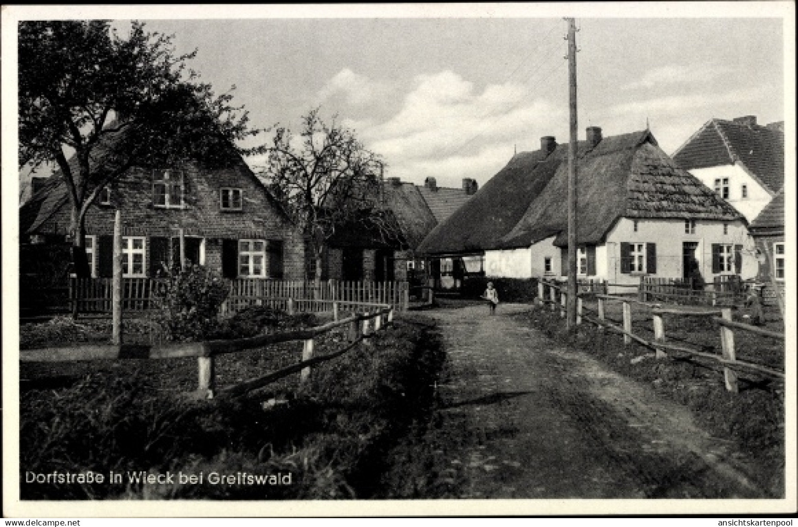 CPA Wieck Eldena Greifswald, Dorfstraße, Häuser mit Reetdächern