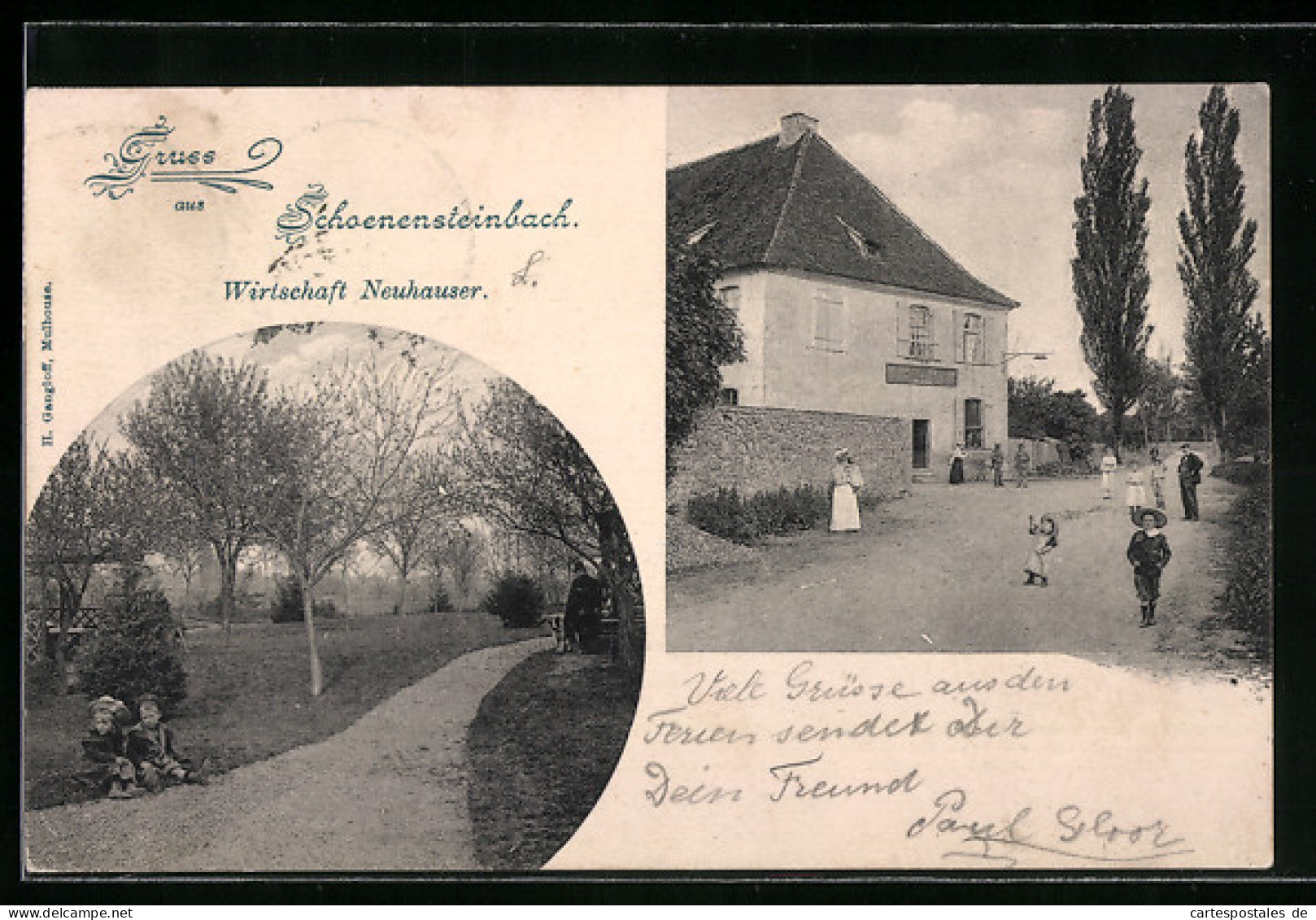 CPA Wittenheim, des enfants vor dem Gasthaus Neuhauser