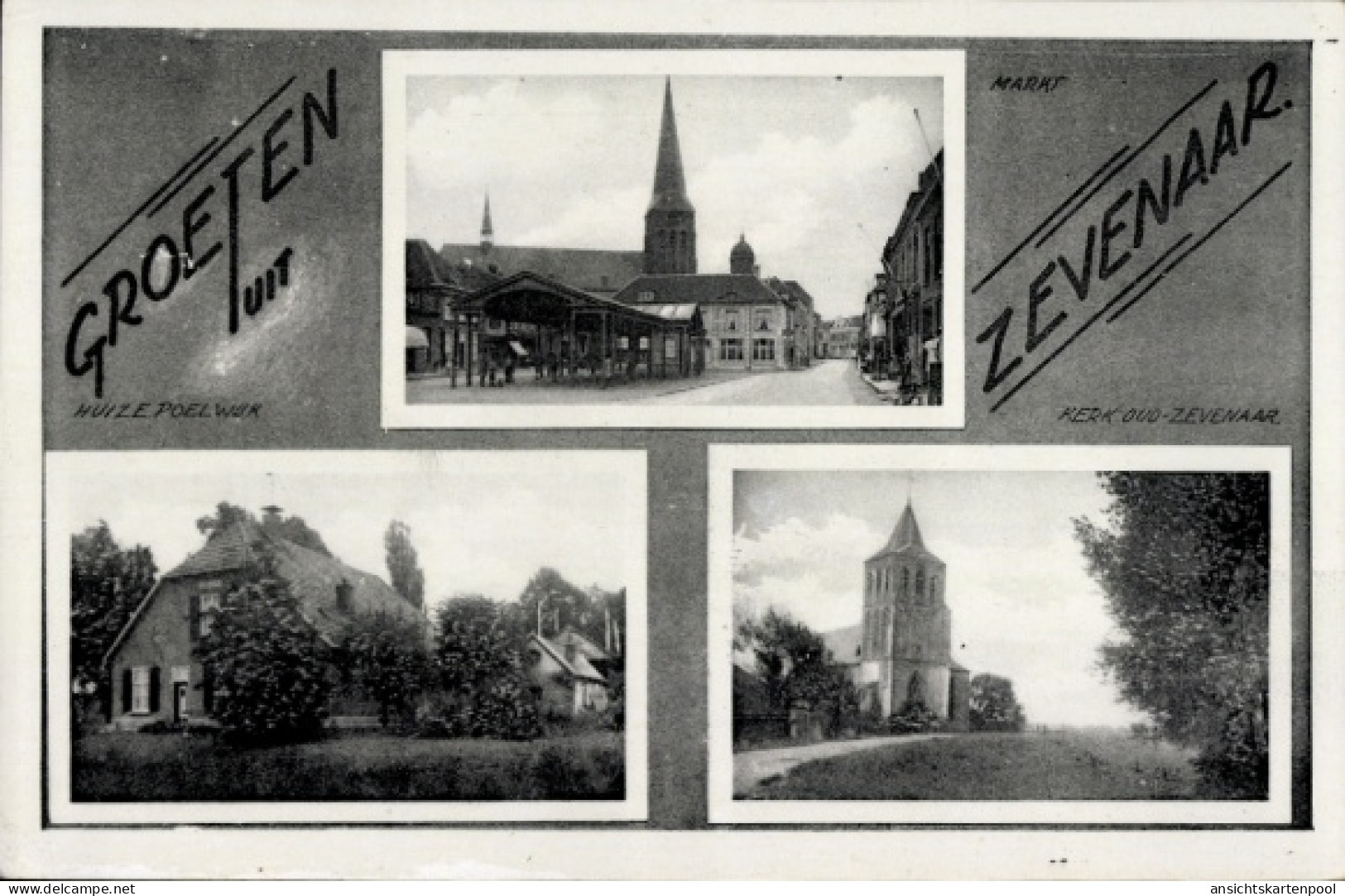 CPA Zevenaar Gelderland Niederlande, Markt, Huize Poelwerk, Kirche Oud- Gruß aus Zevenaar