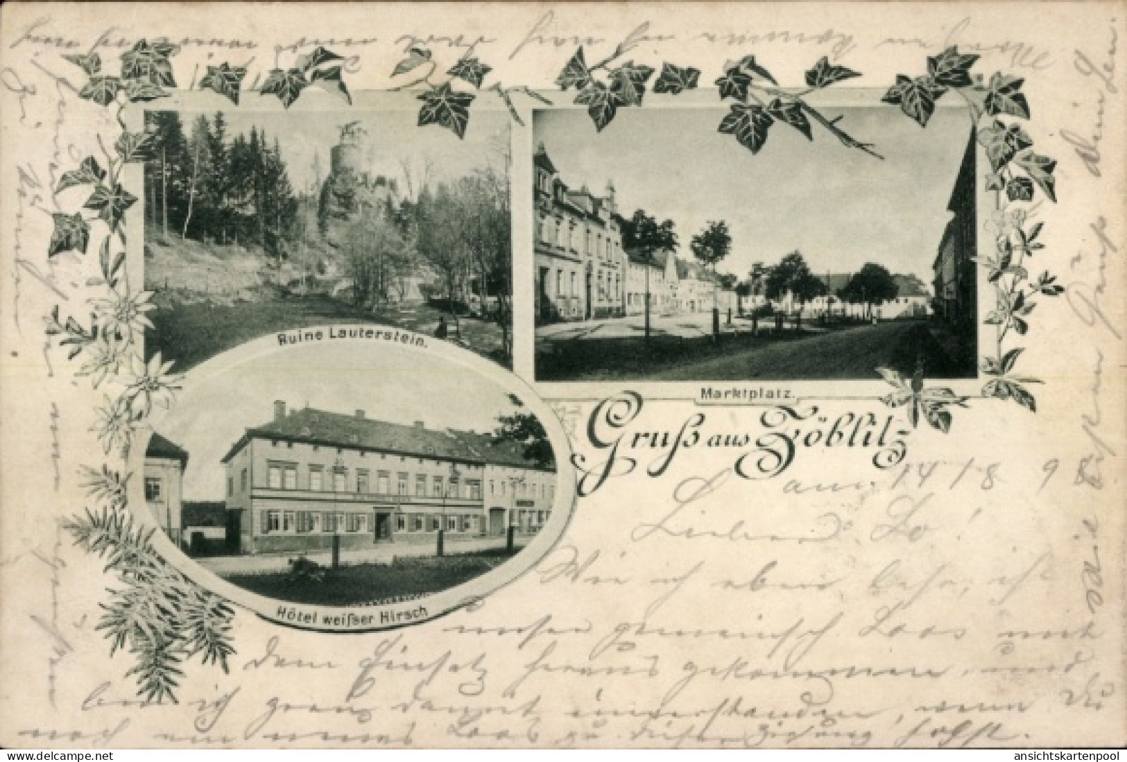 CPA Zöblitz Marienberg im Erzgebirge, Burgruine Lauterstein, Marktplatz, Hotel weißer Hirsch
