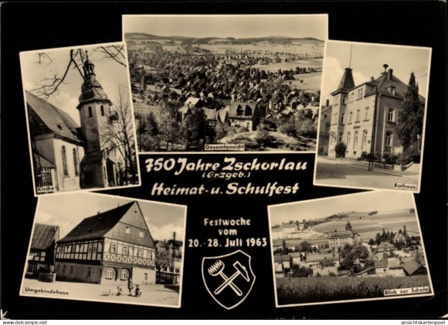 CPA Zschorlau Erzgebirge, Gesamtansicht, Rathaus, Schule, Kirche, Umgebindehaus