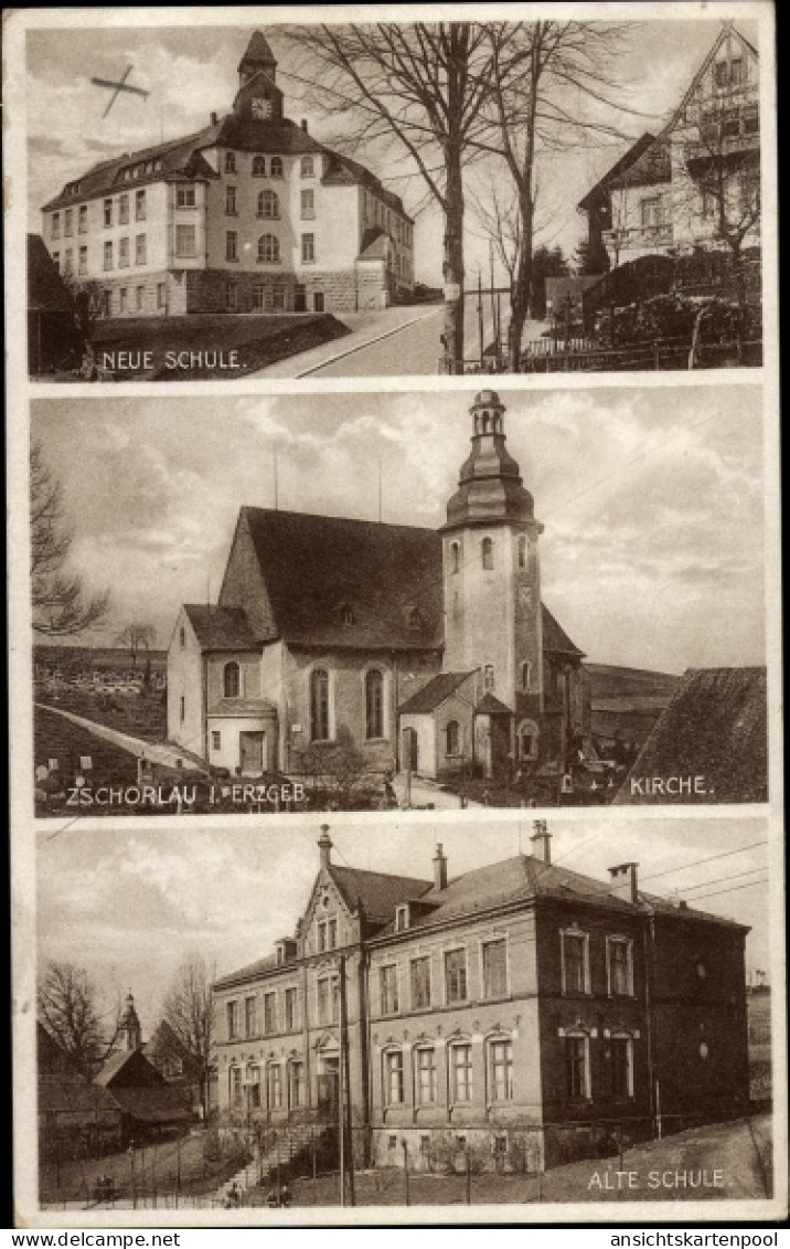 CPA Zschorlau Erzgebirge, Neue und Alte Schule, Kirche