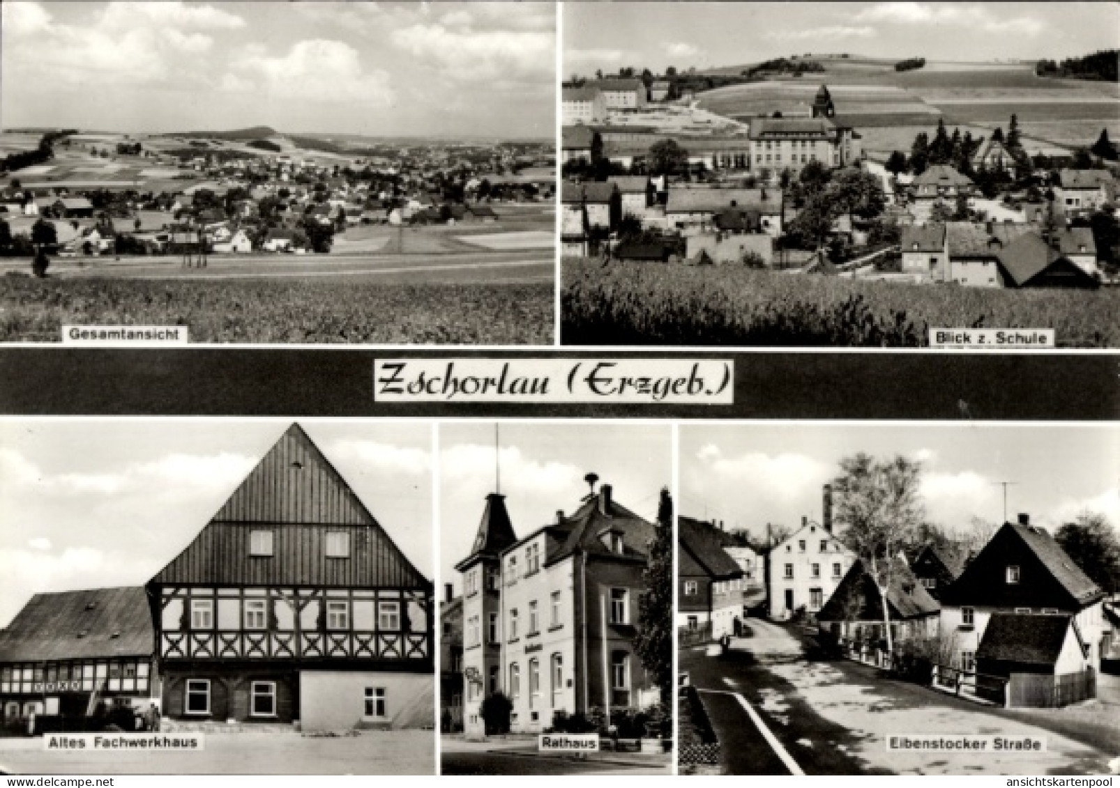 CPA Zschorlau im Erzgebirge, Blick z. Schule, Altes Fachwerkhaus, Rathaus, Eibenstocker Straße