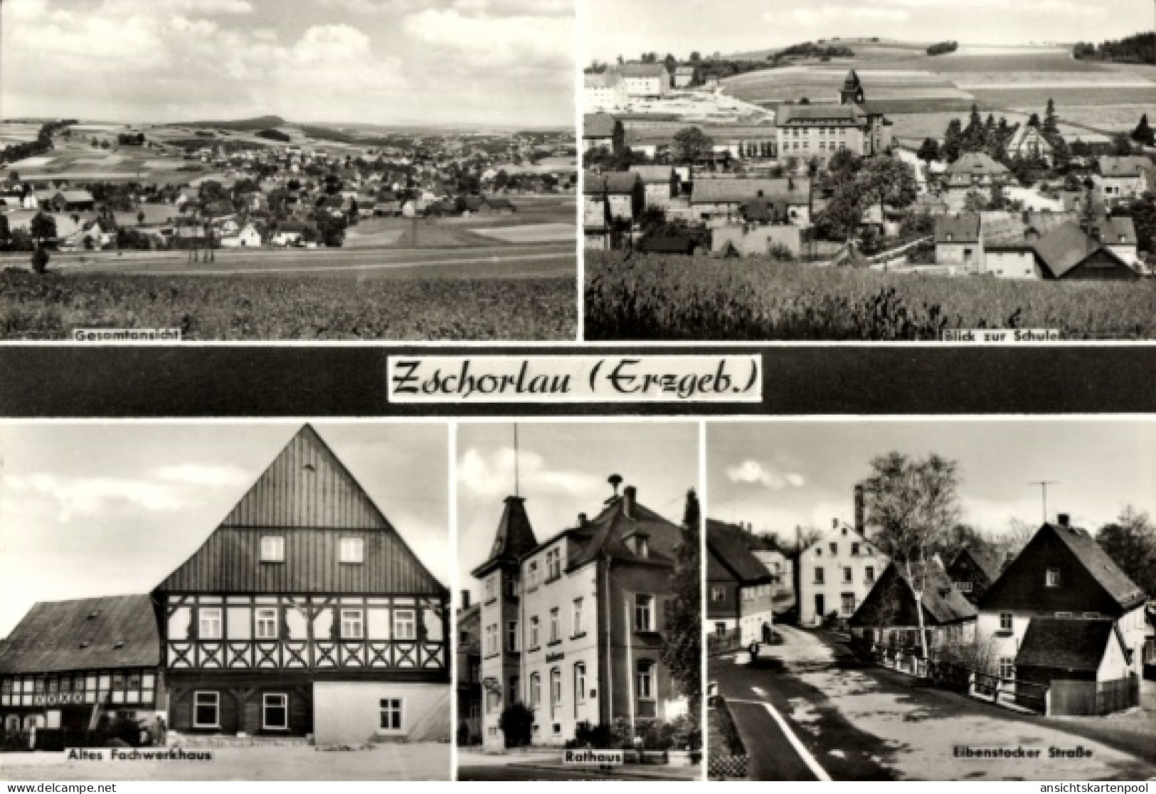 CPA Zschorlau im Erzgebirge, Gesamtansicht, Schule, Altes Fachwerkhaus, Rathaus, Eibenstocker Str