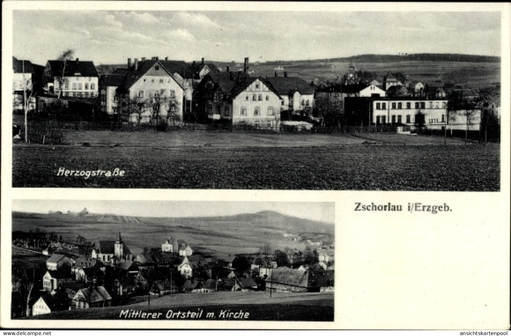 CPA Zschorlau im Erzgebirge, Herzogstraße, mittlerer Ortsteil mit Kirche