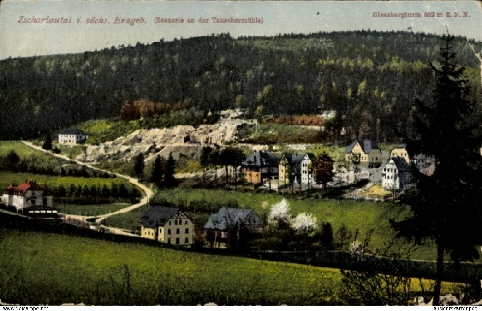 CPA Zschorlau im Erzgebirge, Zschorlautal, Tauschermühle, Gleesbergturm
