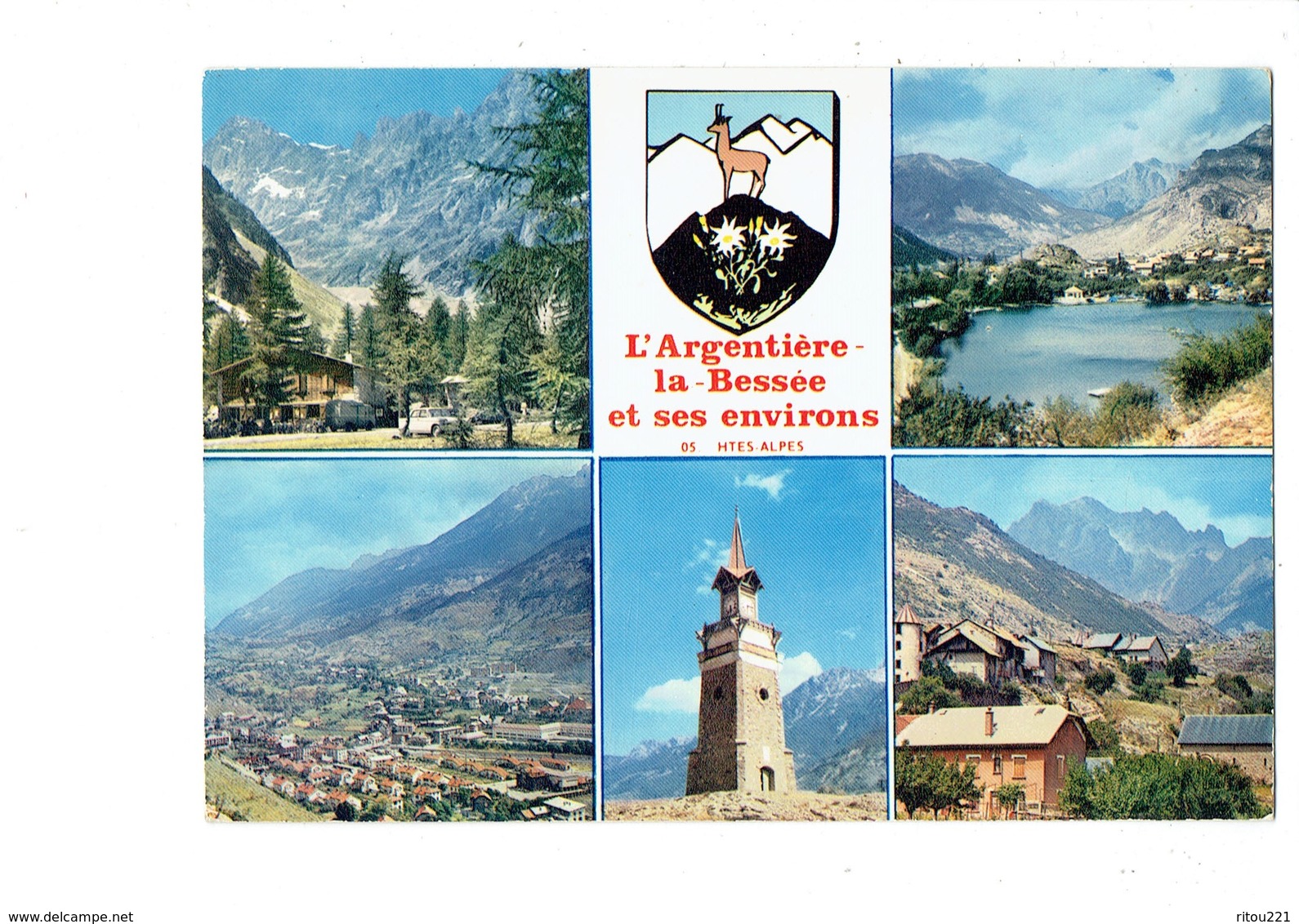 cpm - 05 - L'Argentiere la Besse - Ailefroide - vue générale tour horloge chateau - blason