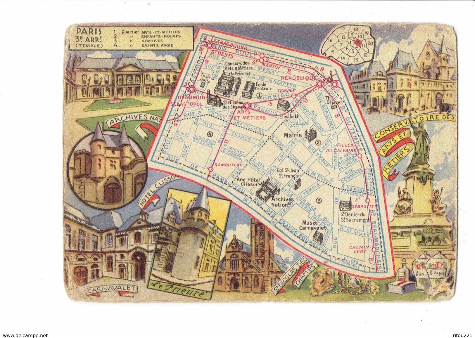 cpm - 75 - PARIS - carte géographique 3e arrondissement - LE TEMPLE - carnavalet