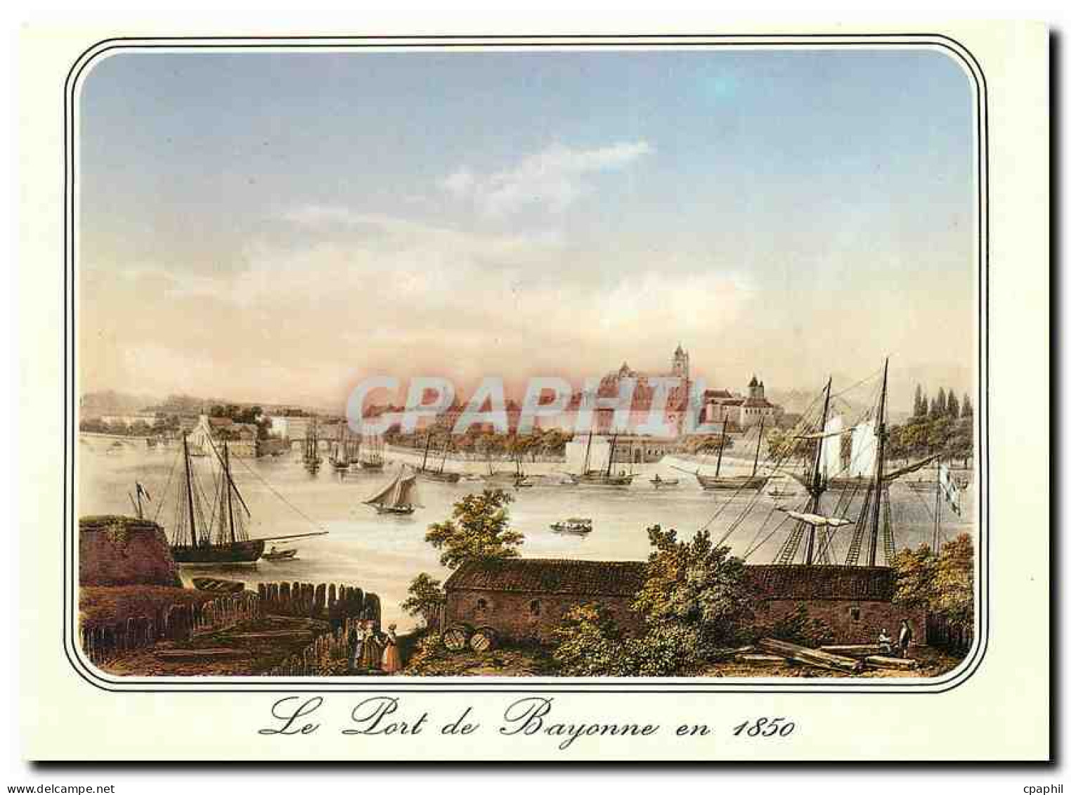 CPM Bayonne Vieille gravure de 1850 Le Port de Bayonne avec la Cathedrale