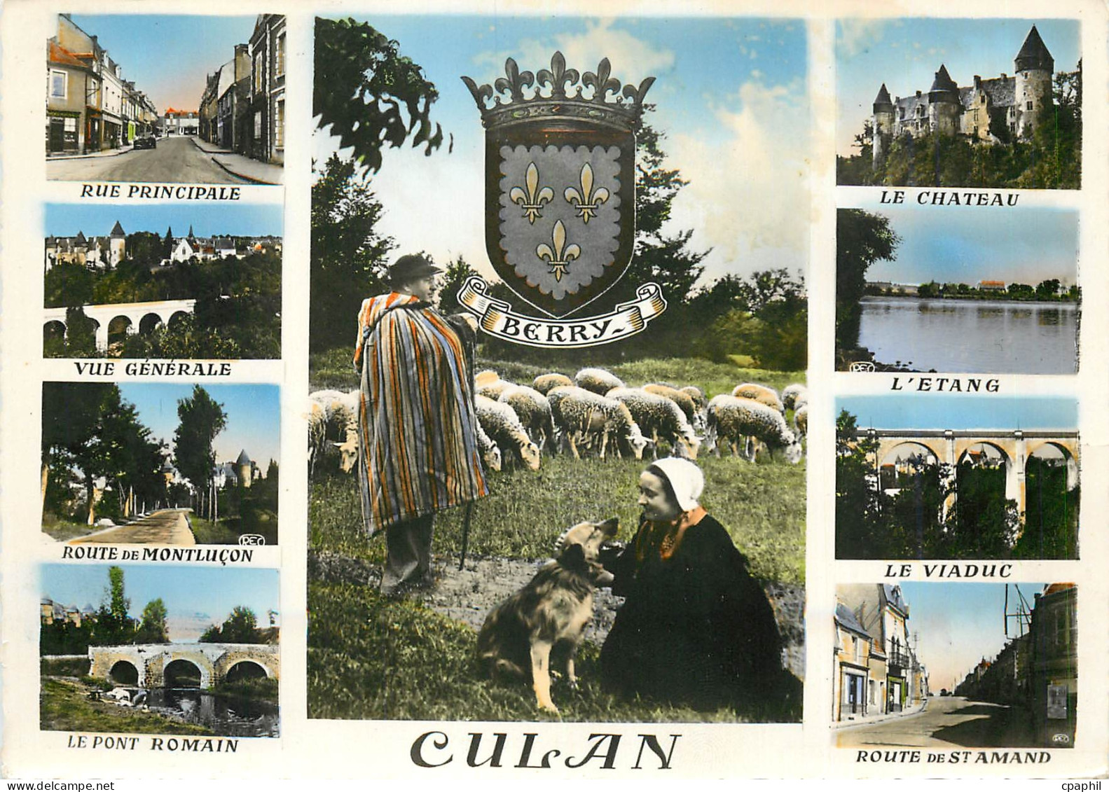 CPM Culan Rue Principale Le pont romain Le château Moutons Berger Chien