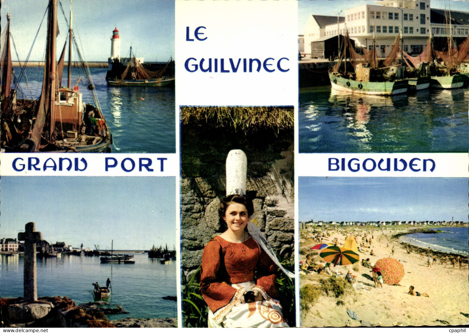 CPM Le Guilvinec Le Port la criee la plage et une jeune fille en costume bigouden Folklore