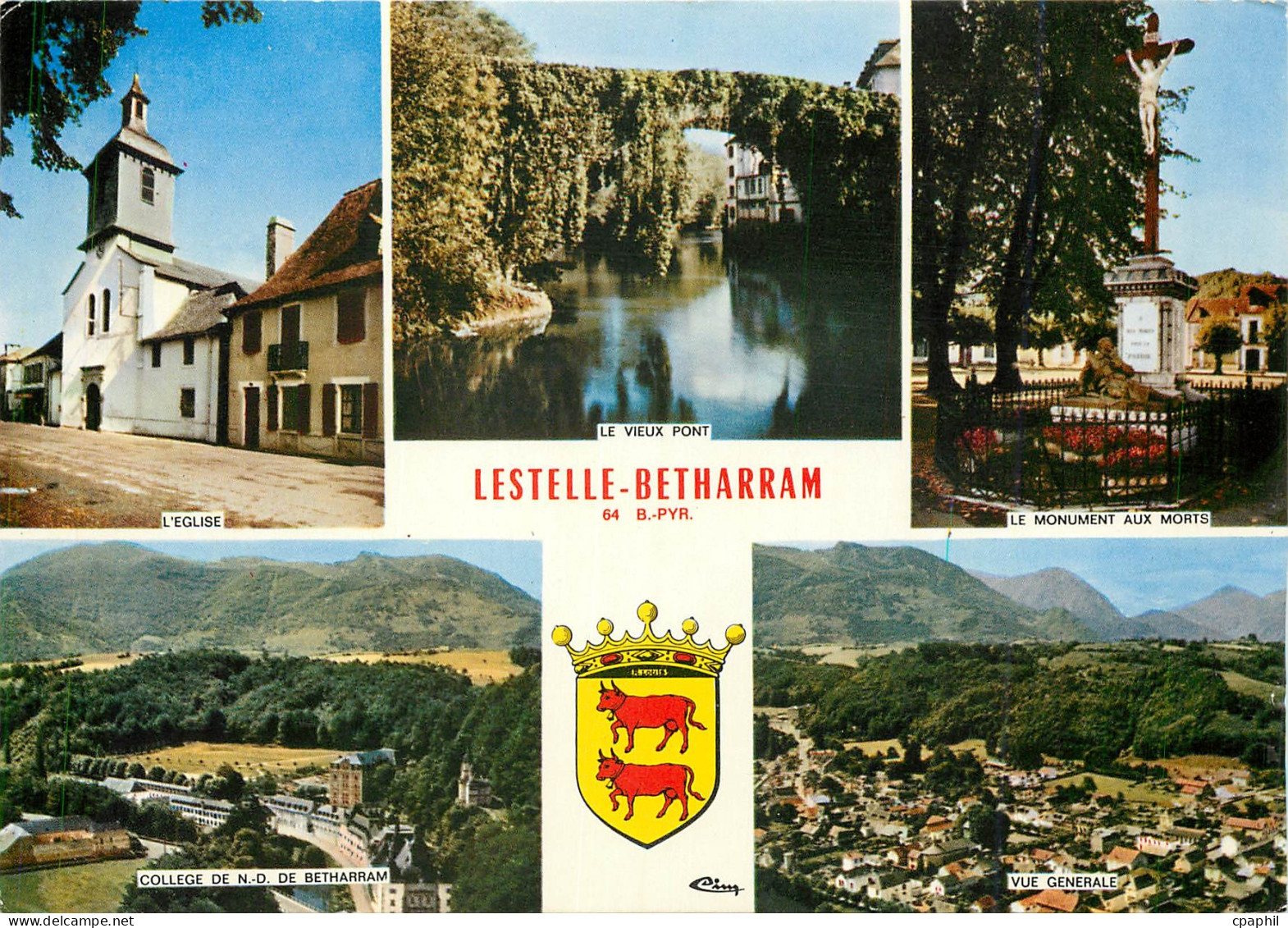 CPM Lestelle Betharram (Pyr Atl) L'Eglise Le vieux pont Le monument aux morts College de ND de Betha