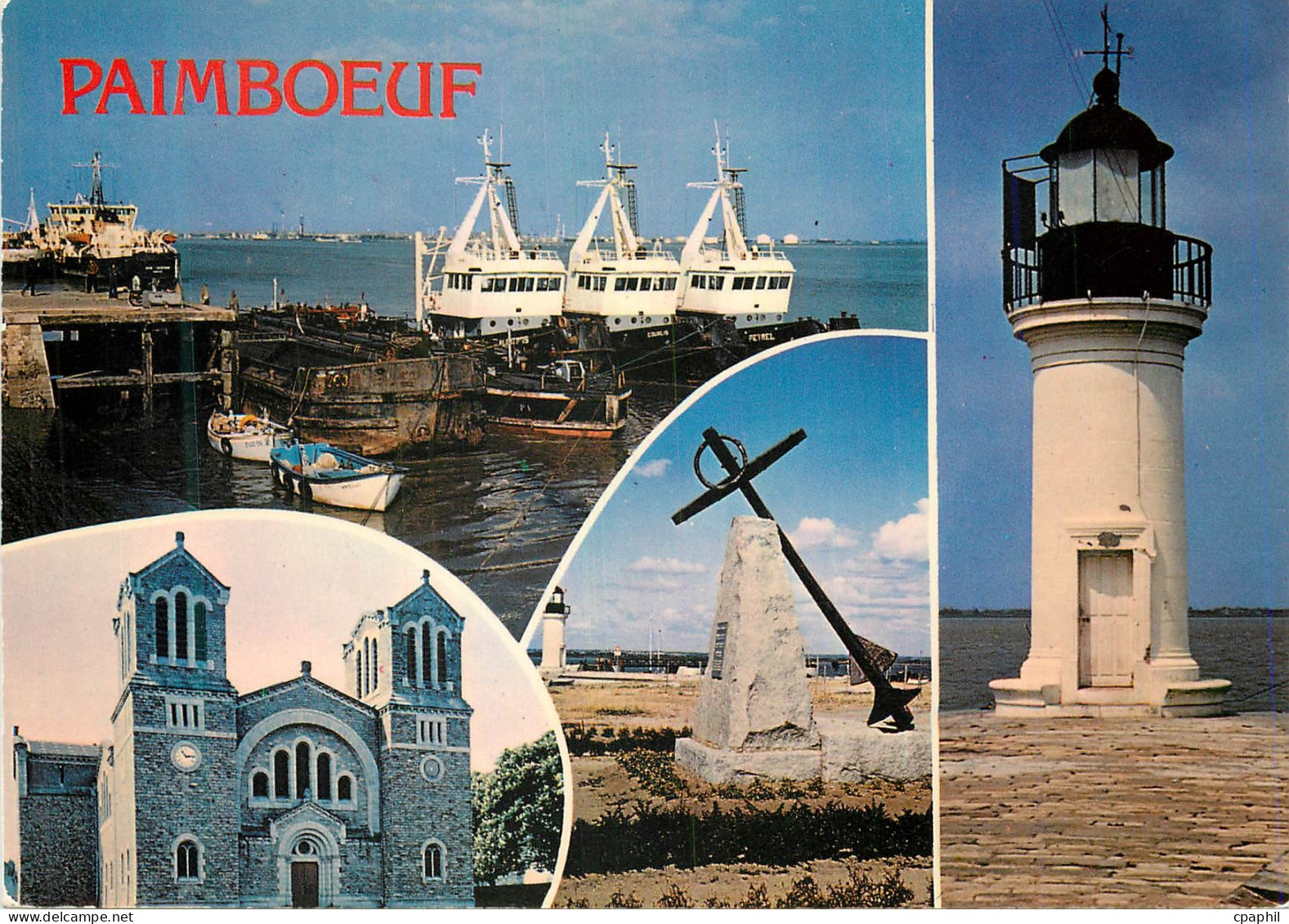 CPM Paimboeuf Loire Atlantique Vue superieure le port Vue inferieure gauche l eglise Saint Louis Phare Bateaux