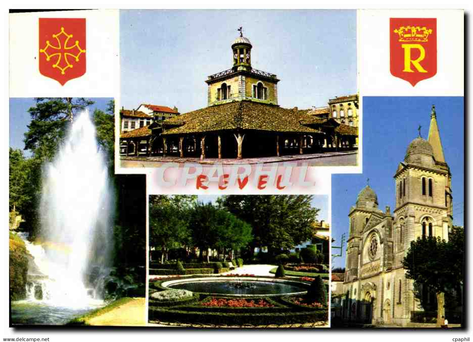 CPM Revel St Ferreol La Halle La Cascade Les Jardins L'Eglise