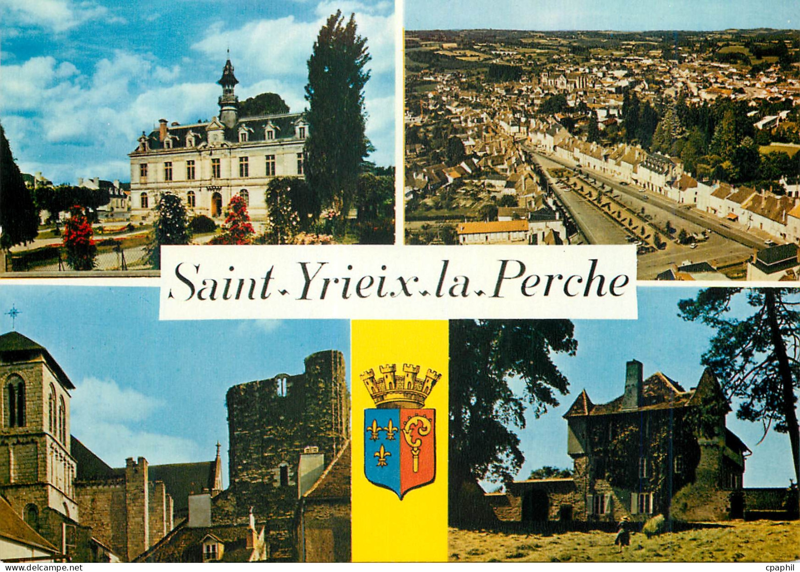 CPM Saint Yrieix La Perche Haute Vienne L hotel de ville Vue generale La collegiate du Moutier et la tour du Plo Le chat