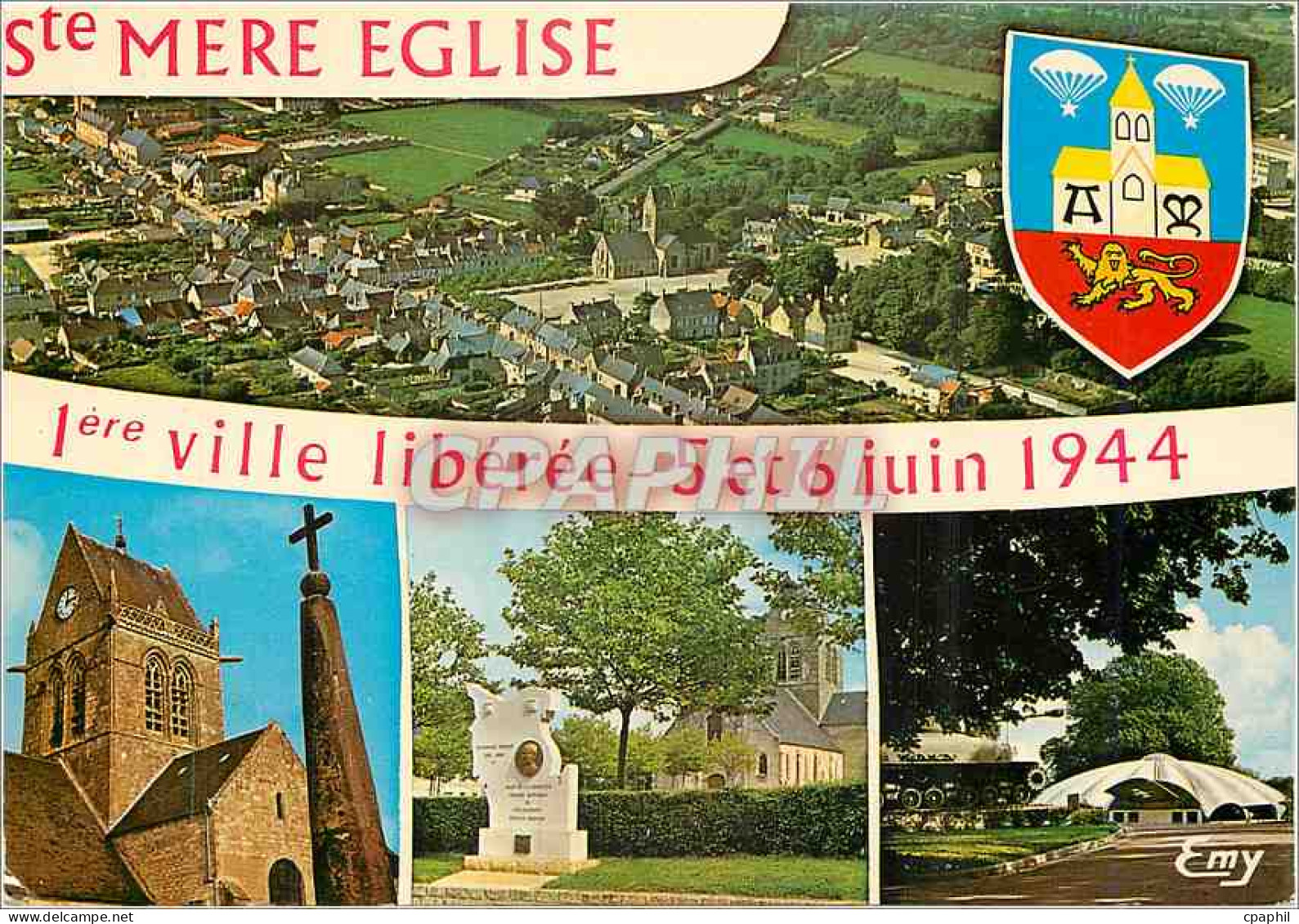 CPM Sainte Mere Eglise Manche Vue generale aerienne Lion Militaria