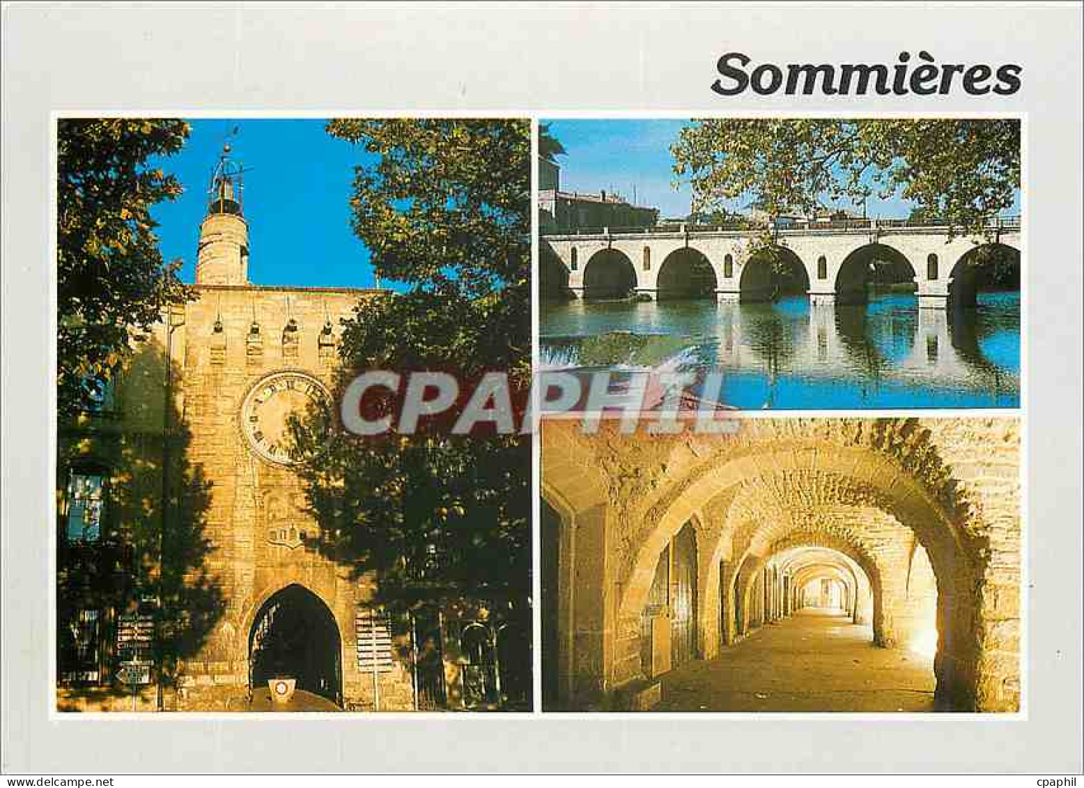 CPM Sommieres Gard L'Horloge Le pont sur le Vidourle Les arcades