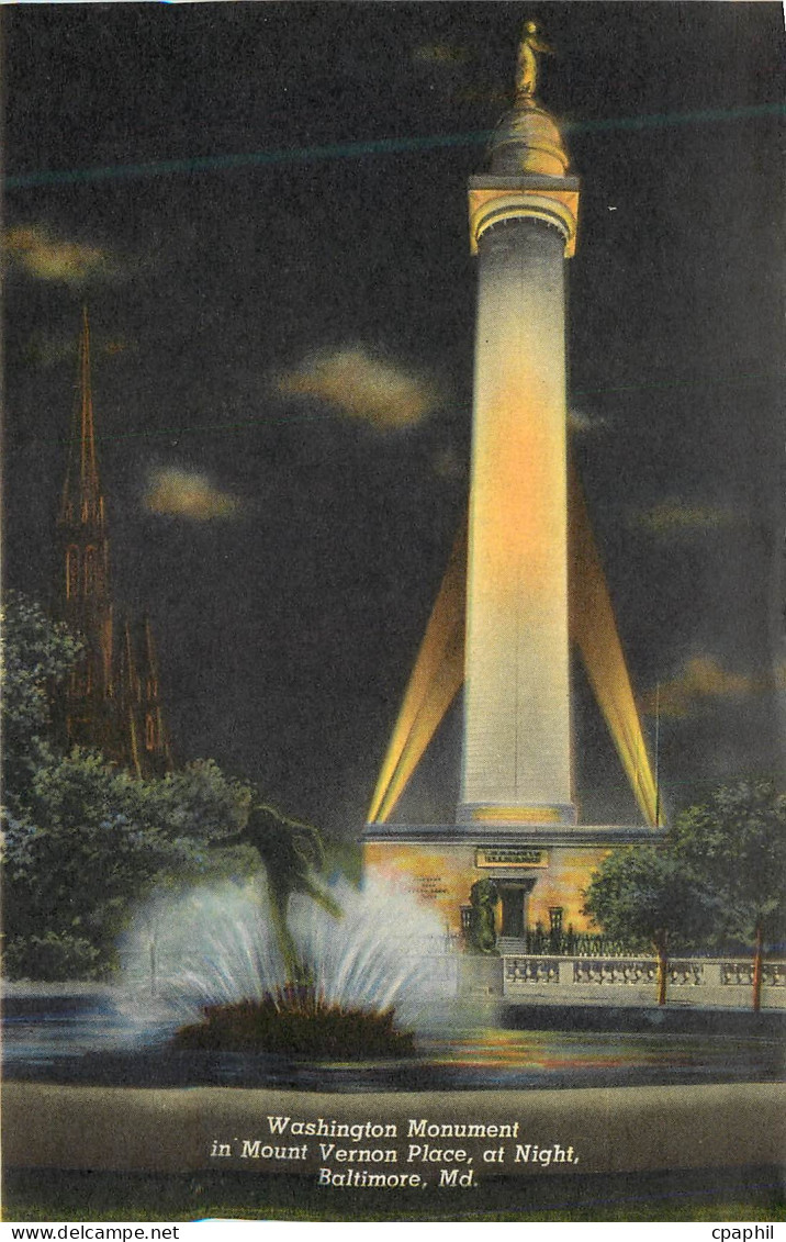CPM Washington Monument in Mount Vernon Place at Night Baltimore Md War Memorial and Plaza Baltimore Md