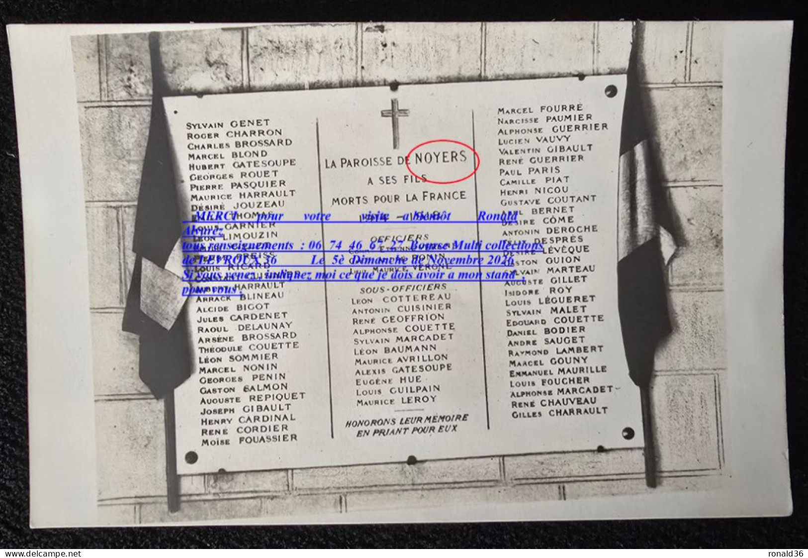 cpp 41 Loir et Cher NOYERS sur Cher Paroisse plaque commémorative Morts pour la France Etienne Vergne André Ronin Vergne