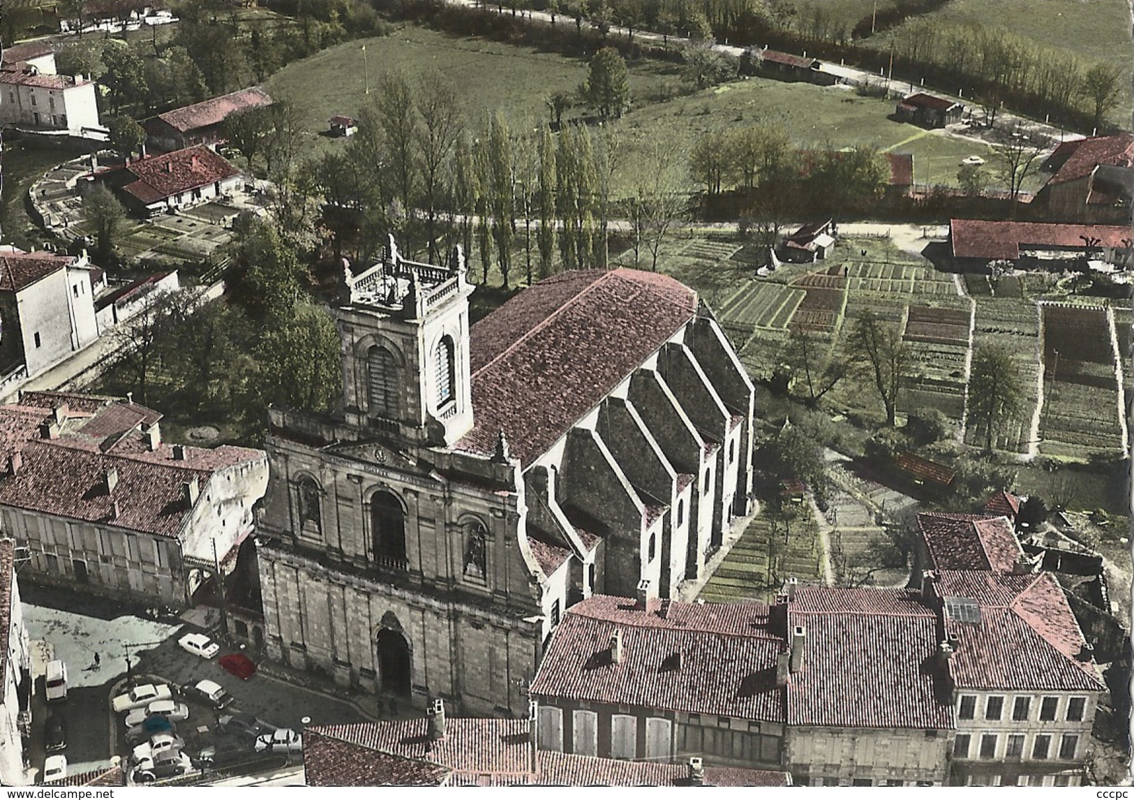 CPSM Casteljaloux Eglise et terrain de camping vue aérienne