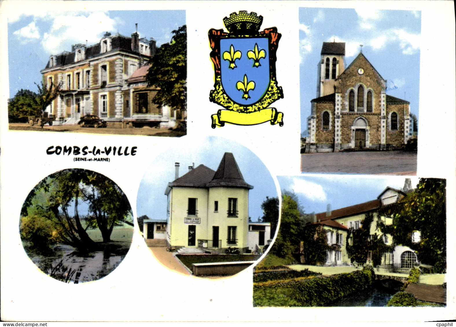 CPSM Combs la Ville (S et M) La mairie l'eglise bords de l'Yerres le poste le moulin du Breuil