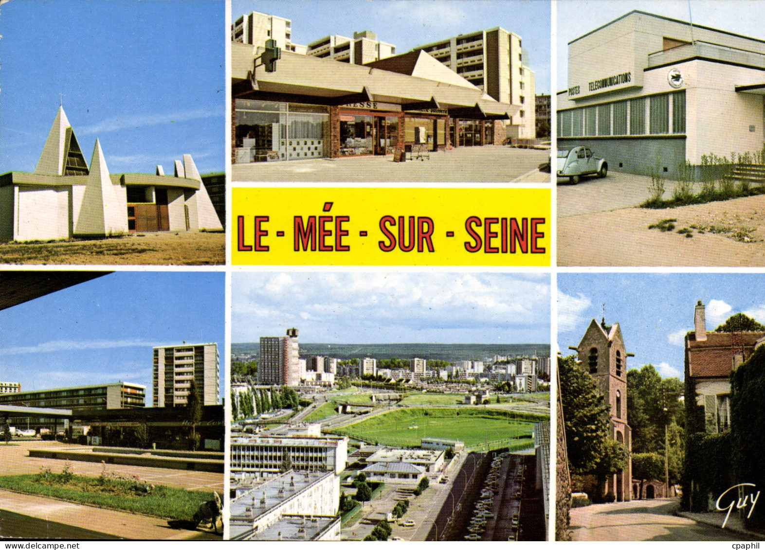 CPSM La Mee sur Seine (Seine et Marne) L'eglise de l'immaculee conception Le Centre Commerciale Resi