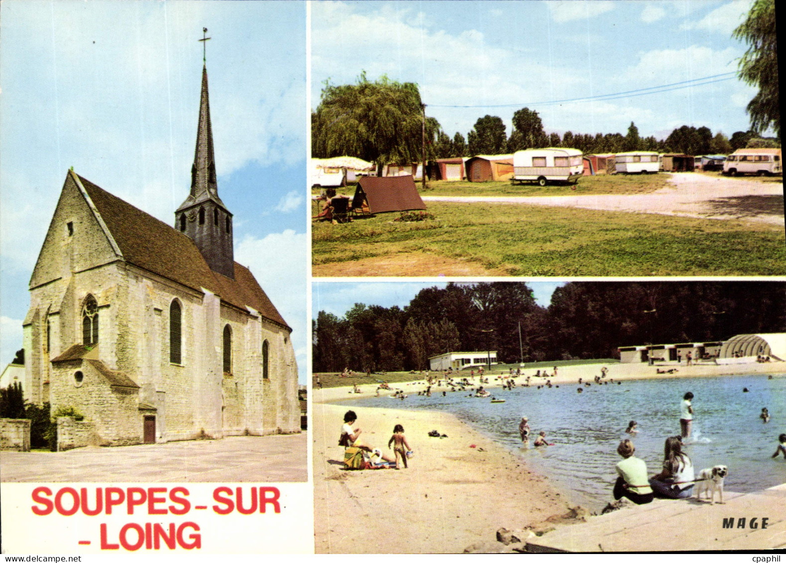 CPSM Souppes sur Loing (Seine et Marne) L'Eglise St Clair Le Camping la Plage