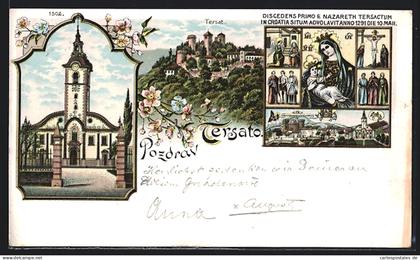 Lithographie Trsat, Kirche, Biblische Szenen mit Pieta, Ortsansicht