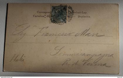 1910 cartolina ABBAZIA+Veduta Marina con CIPRESI e PERSONE+viaggiata+affrancata 5 Heller SOVRASTAMPA-LL139